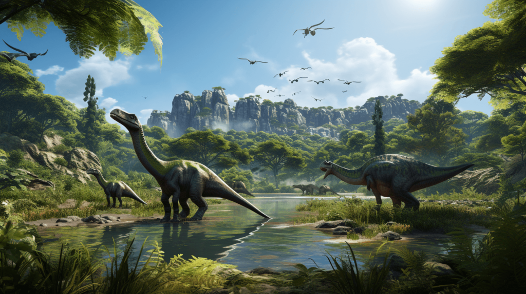 lush Triassic landscape with a variety of archosaurs