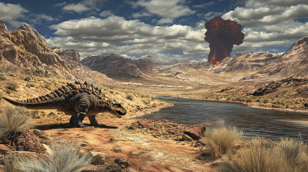 Ankylosaurus on a dry riverbank surrounded by rocky terrain