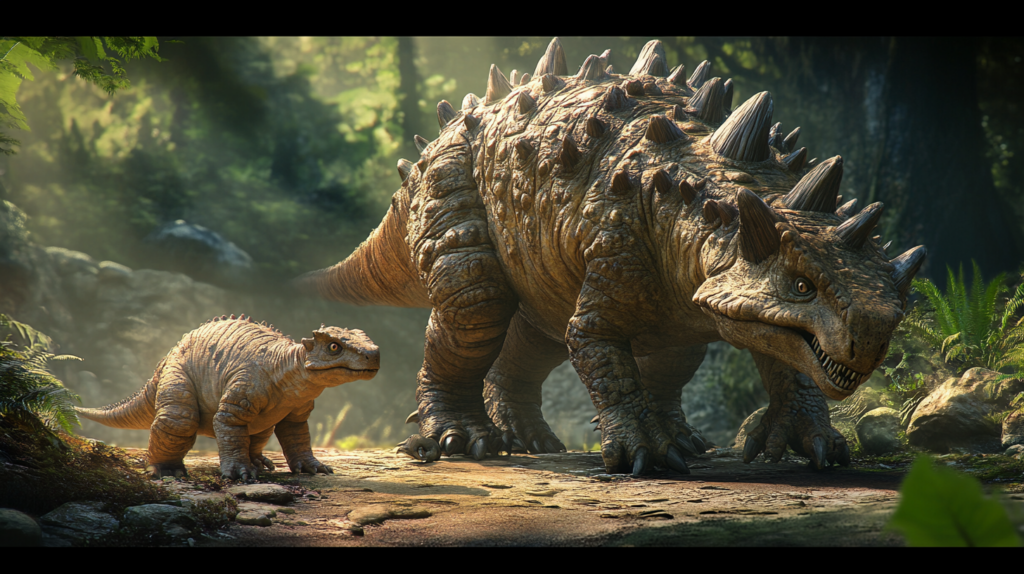 Young Ankylosaurus under the care of an adult