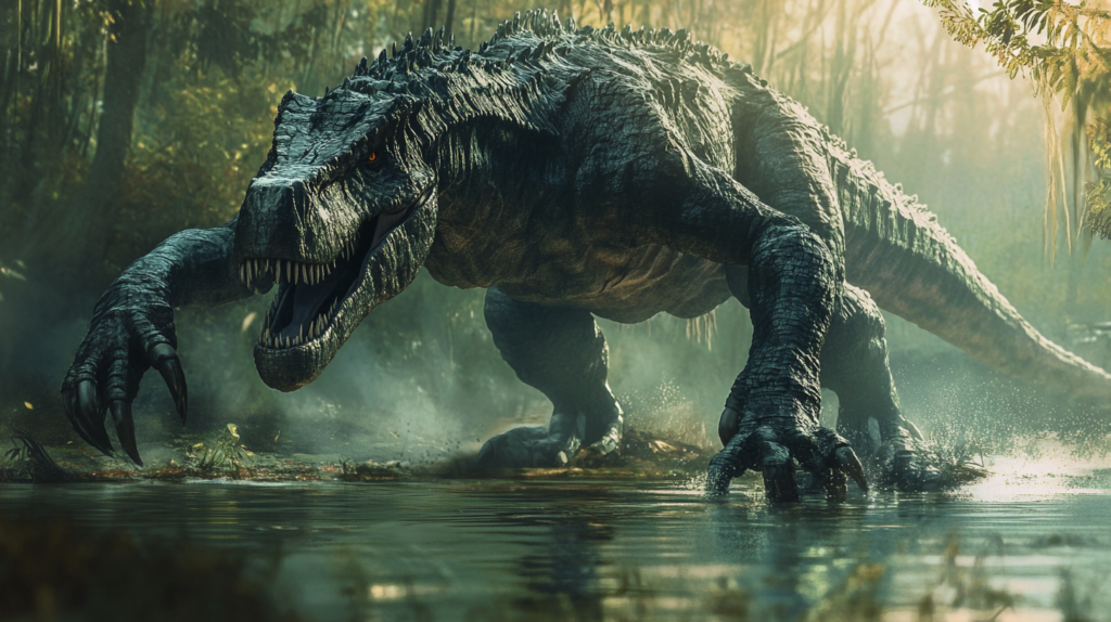 A Baryonyx standing on the edge of a riverbank