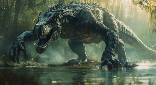 A Baryonyx standing on the edge of a riverbank