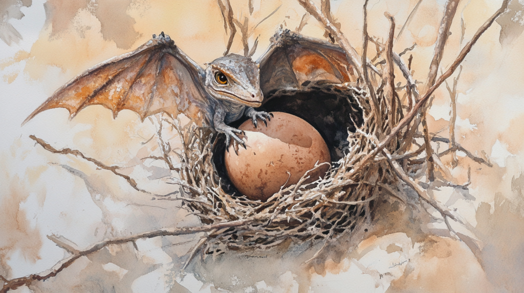 A hatchling Pteranodon emerging from its egg