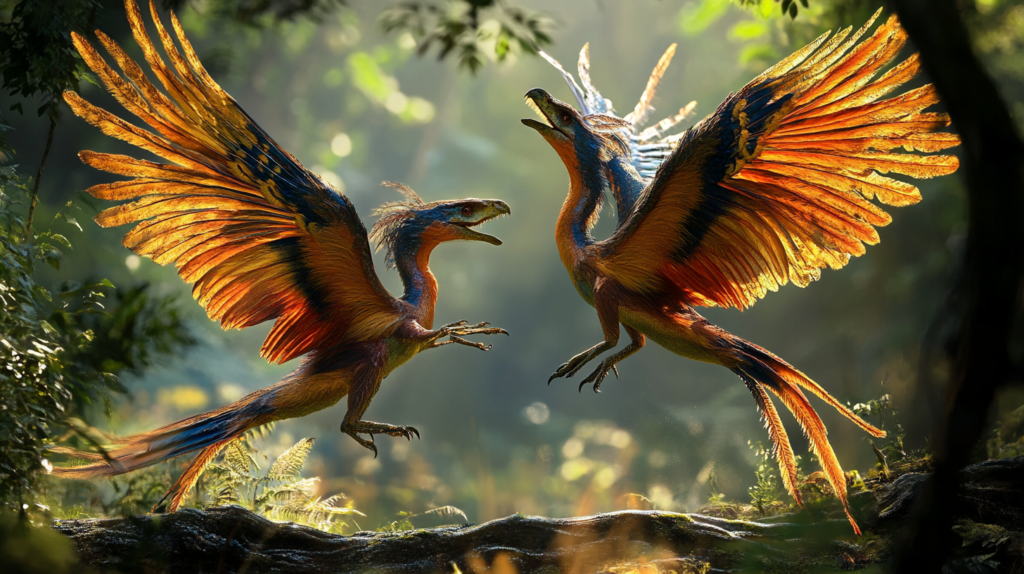 A pair of Archaeopteryx engaging in courtship behavior