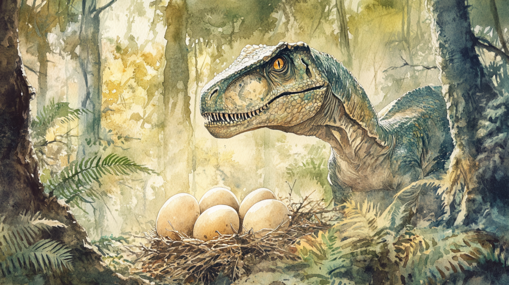 Allosaurus guarding a nest of large eggs