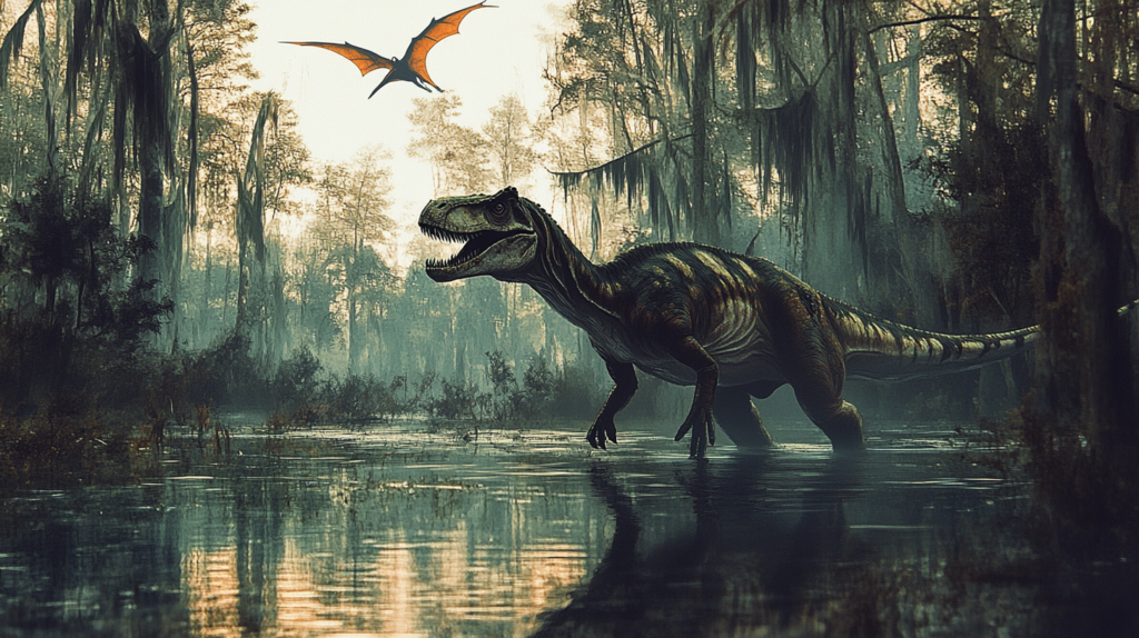 Allosaurus wading through a swamp