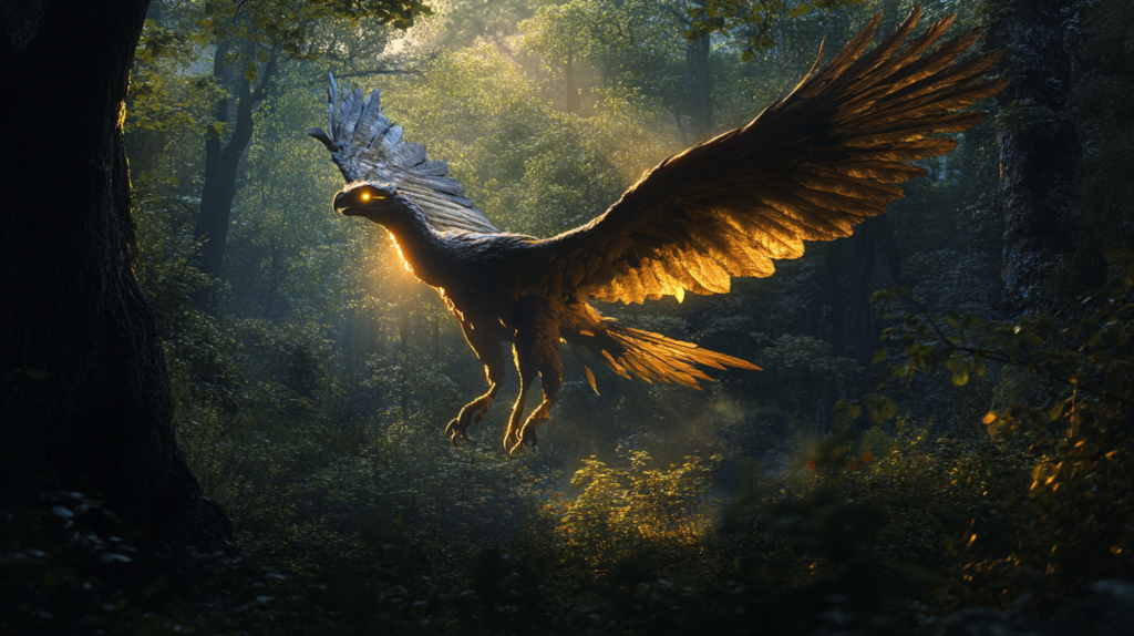 Archaeopteryx in a dimly lit forest eyes glowing