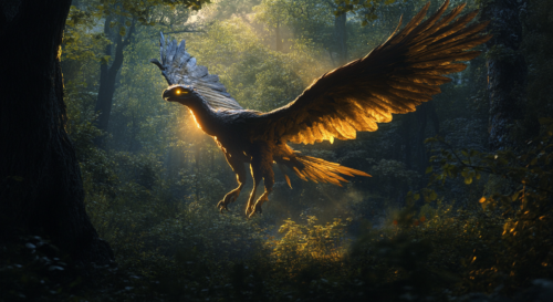 Archaeopteryx in a dimly lit forest eyes glowing