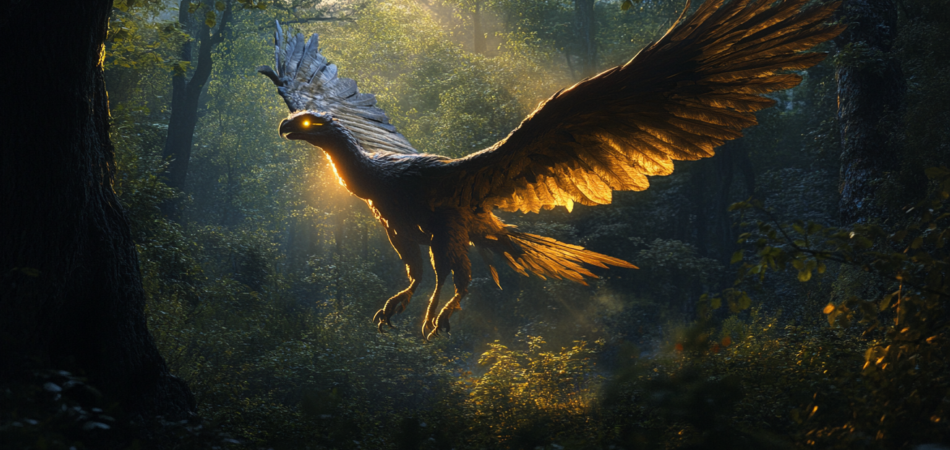 Archaeopteryx in a dimly lit forest eyes glowing