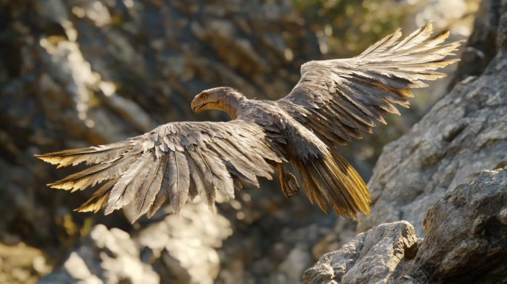 Archaeopteryx mid-takeoff from a rocky ledge