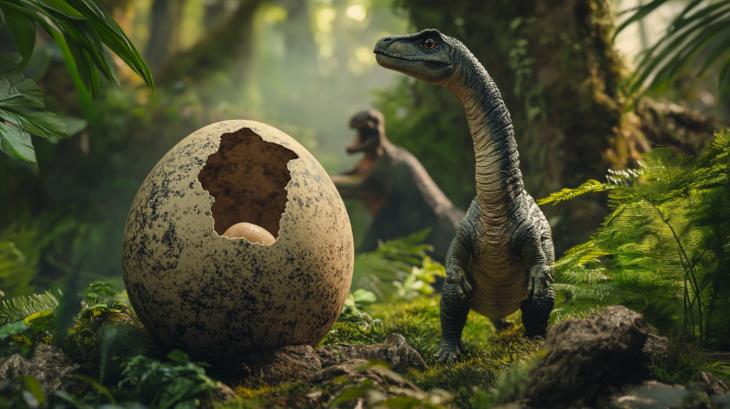 Baby Brontosaurus hatching from an egg