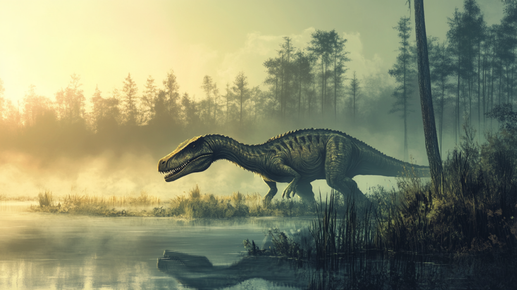 Baryonyx near a swampy lagoon surrounded by reeds