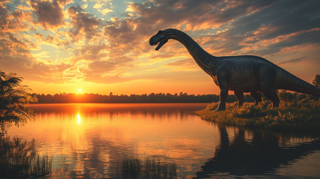 Brontosaurus on the edge of a vast lake