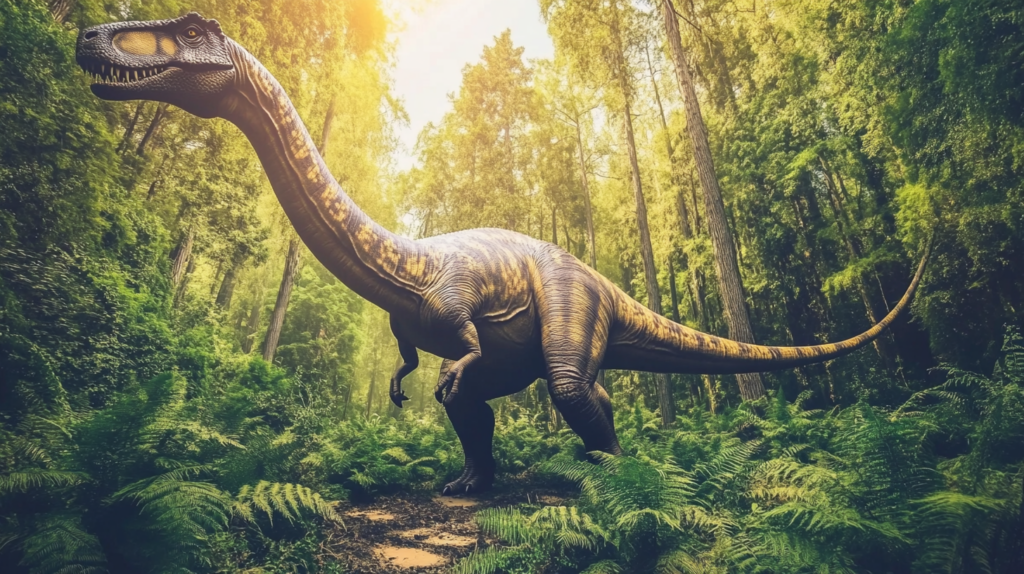 Brontosaurus walking across a dense forest floor