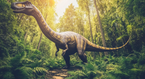 Brontosaurus walking across a dense forest floor