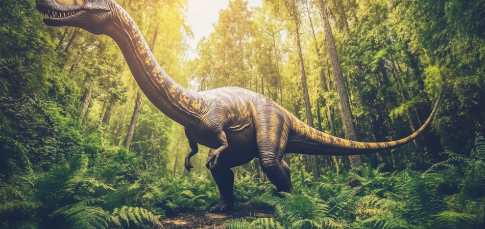 Brontosaurus walking across a dense forest floor