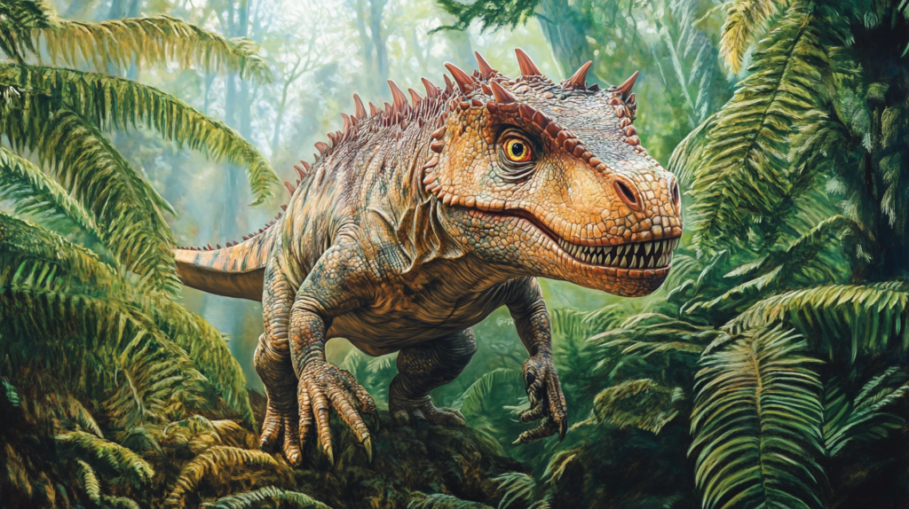 Carnotaurus amidst a forest of ancient ferns