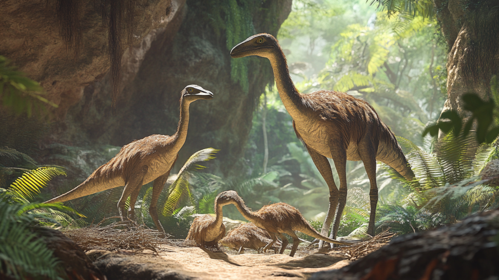 Gallimimus adults tending to their young in a nesting area