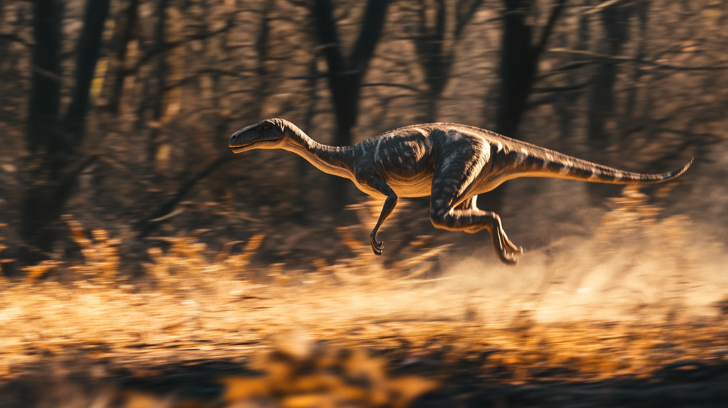 Gallimimus captured in mid-stride running