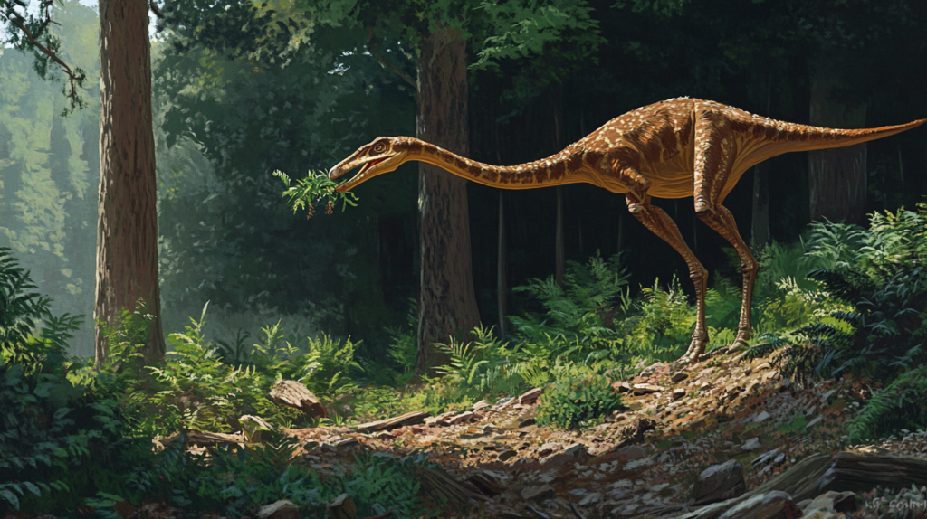 Gallimimus using its beak to forage for plants