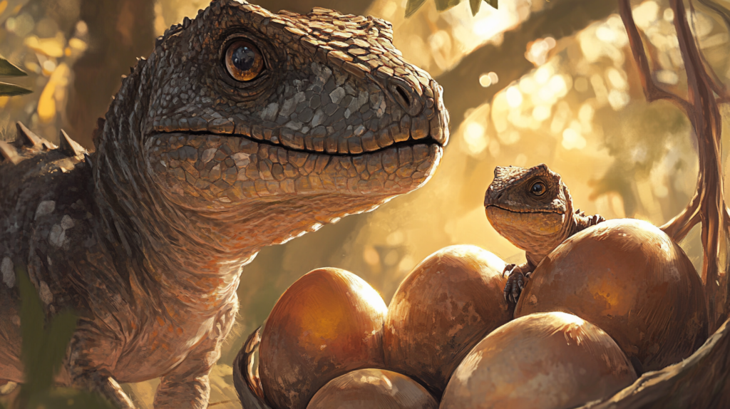 Hatchling Carnotaurus emerging from their eggs