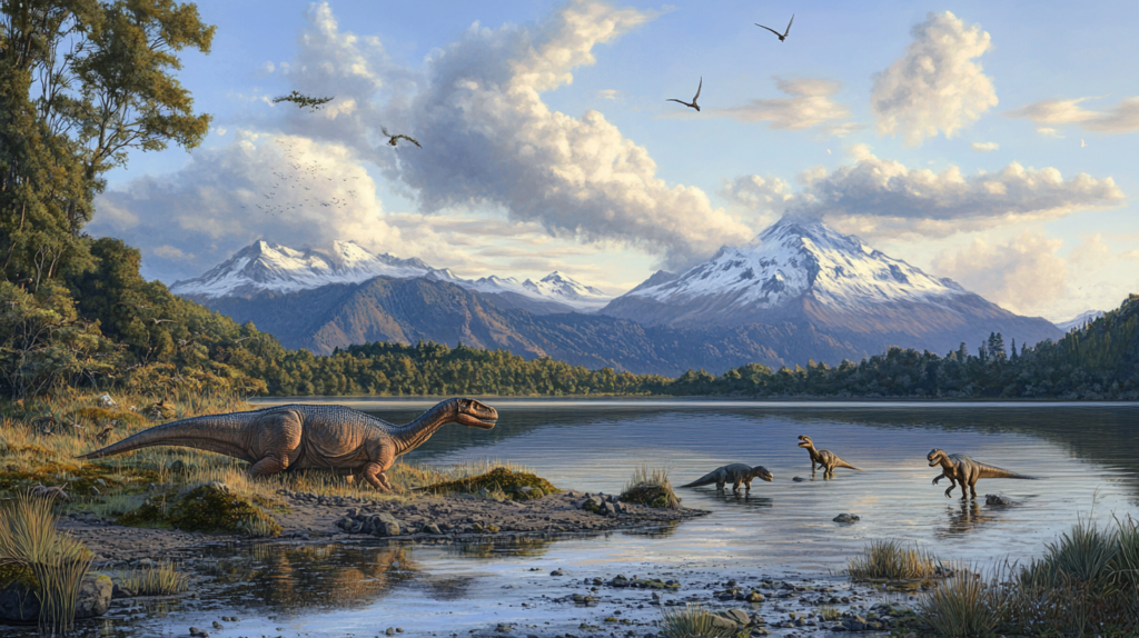 Iguanodon by a lakeside with distant mountains