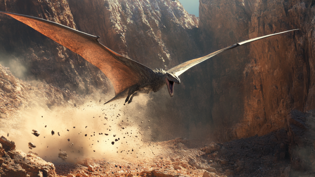 Pteranodon launching into the air from a rocky ledge