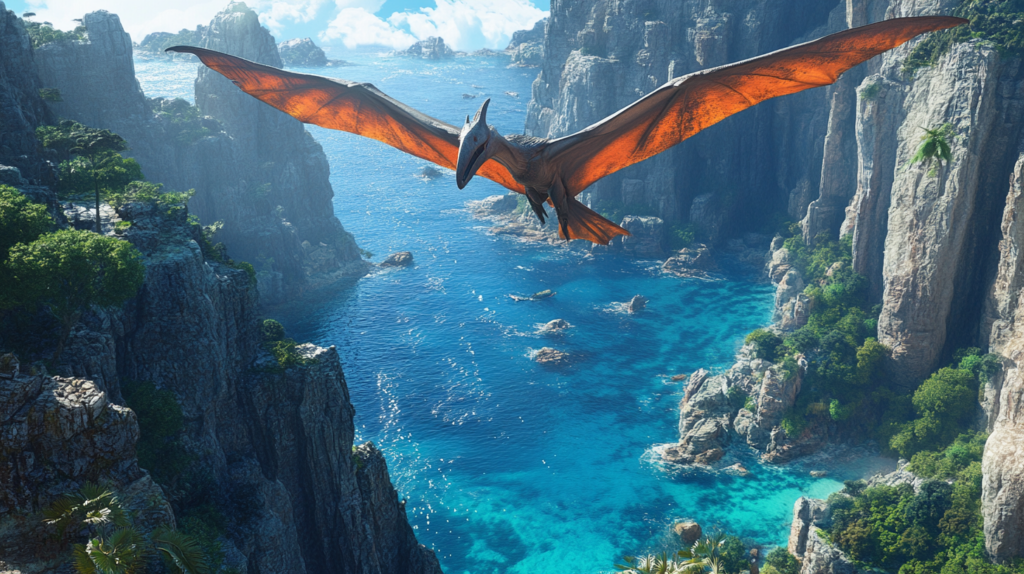 Pteranodon soaring above a lush prehistoric coastline