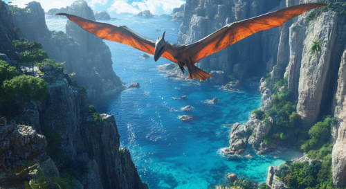 Pteranodon soaring above a lush prehistoric coastline