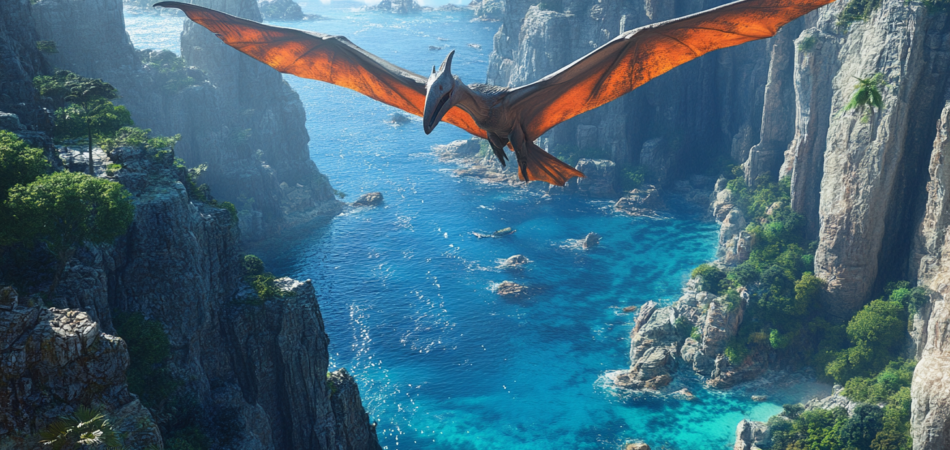 Pteranodon soaring above a lush prehistoric coastline