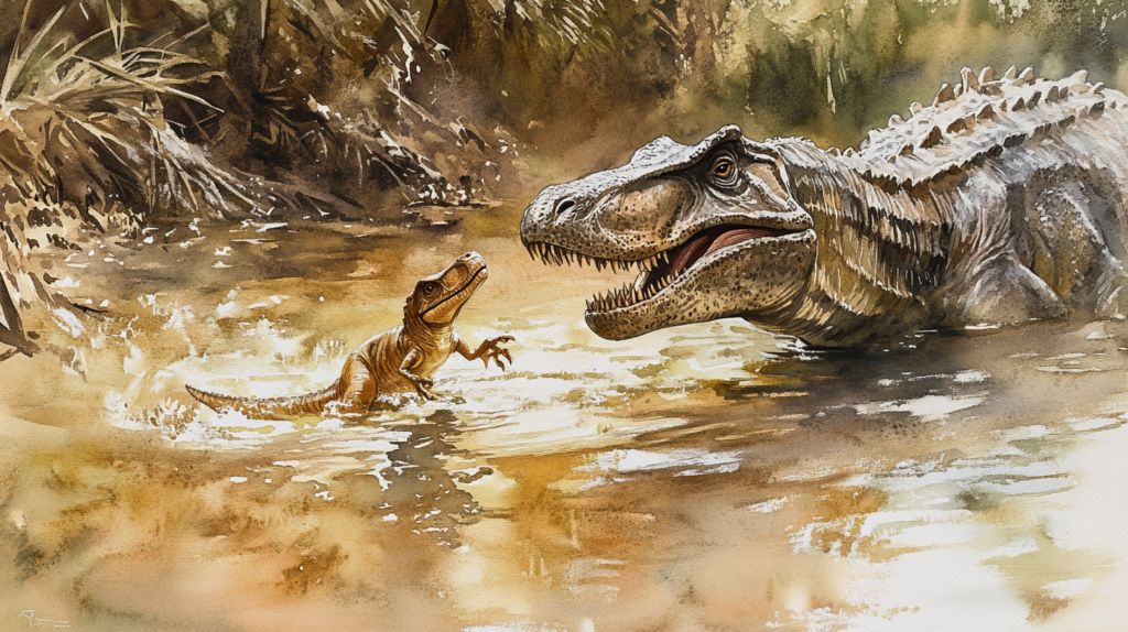 Young Baryonyx playing near its parent