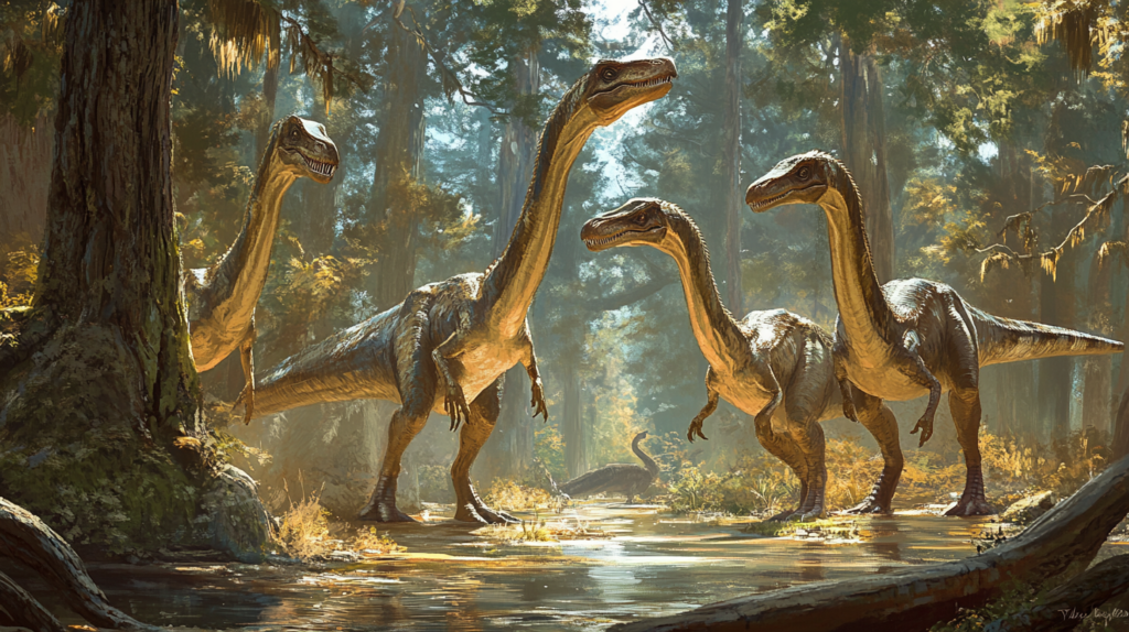 A group of Compsognathus interacting in a forest