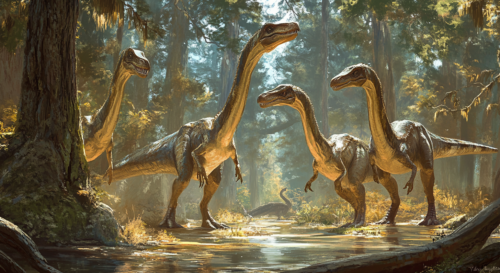 A group of Compsognathus interacting in a forest