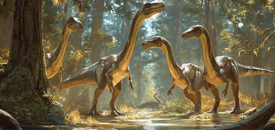 A group of Compsognathus interacting in a forest