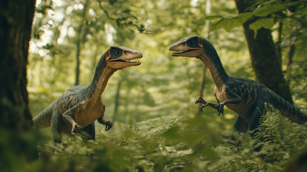 A pair of Compsognathus foraging for insects