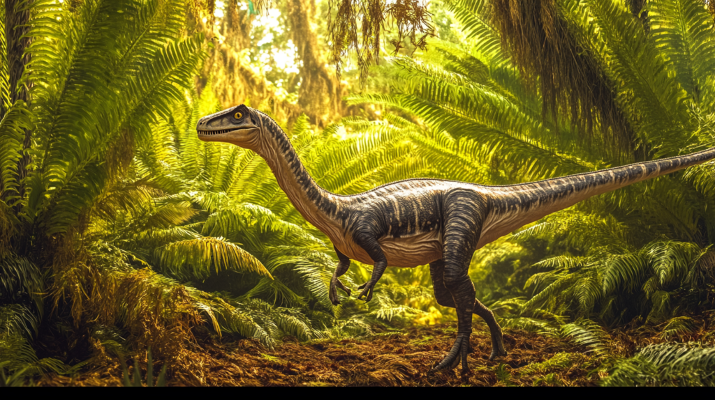 A vivid prehistoric forest scene with Compsognathus