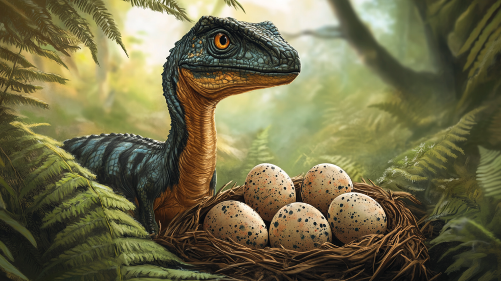 Troodon guarding a nest of speckled eggs