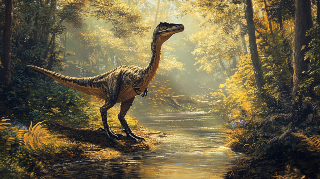 Troodon near a riverbank in a prehistoric woodland