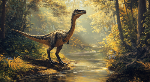 Troodon near a riverbank in a prehistoric woodland