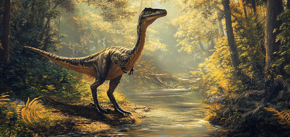 Troodon near a riverbank in a prehistoric woodland