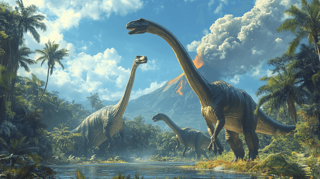 illustration featuring a variety of sauropodomorph dinosaurs in a lush Jurassic landscape