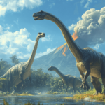 illustration featuring a variety of sauropodomorph dinosaurs in a lush Jurassic landscape