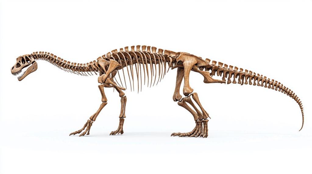 skeletal reconstruction of a sauropodomorph dinosaur, full body side view, elongated neck with 10+ vertebrae