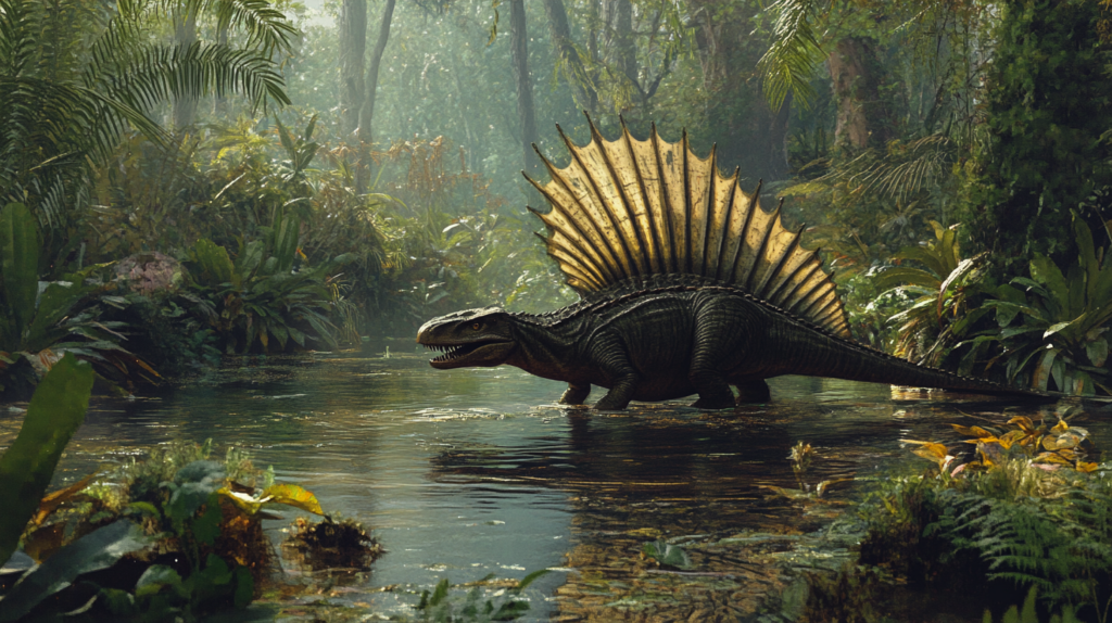 Dimetrodon moving cautiously through a dense prehistoric jungle