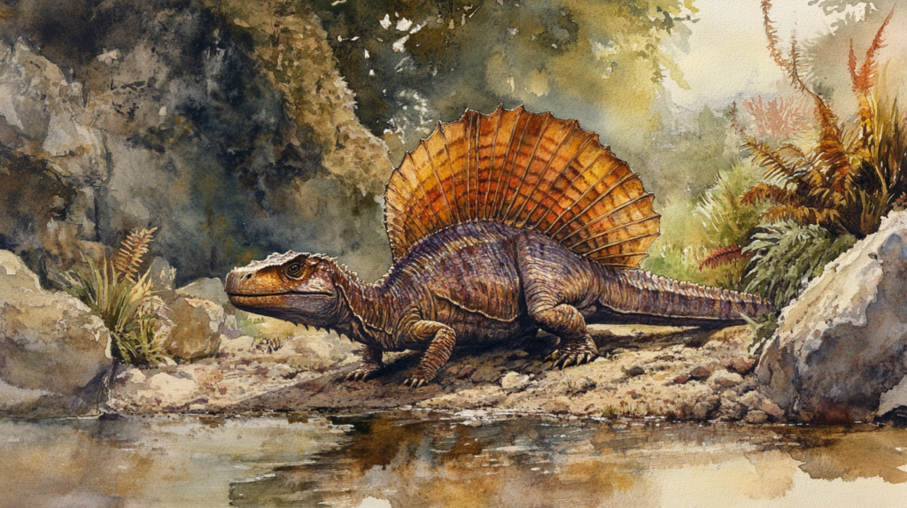 Dimetrodon resting on sunlit rocks