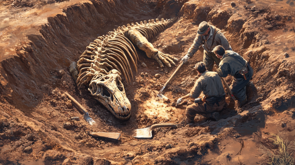 A depiction of paleontologists unearthing Giganotosaurus