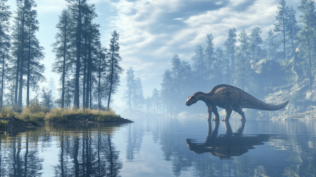 A peaceful Maiasaura grazing near a prehistoric lake