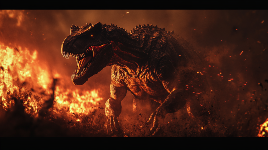 Giganotosaurus against the backdrop of a meteor impact