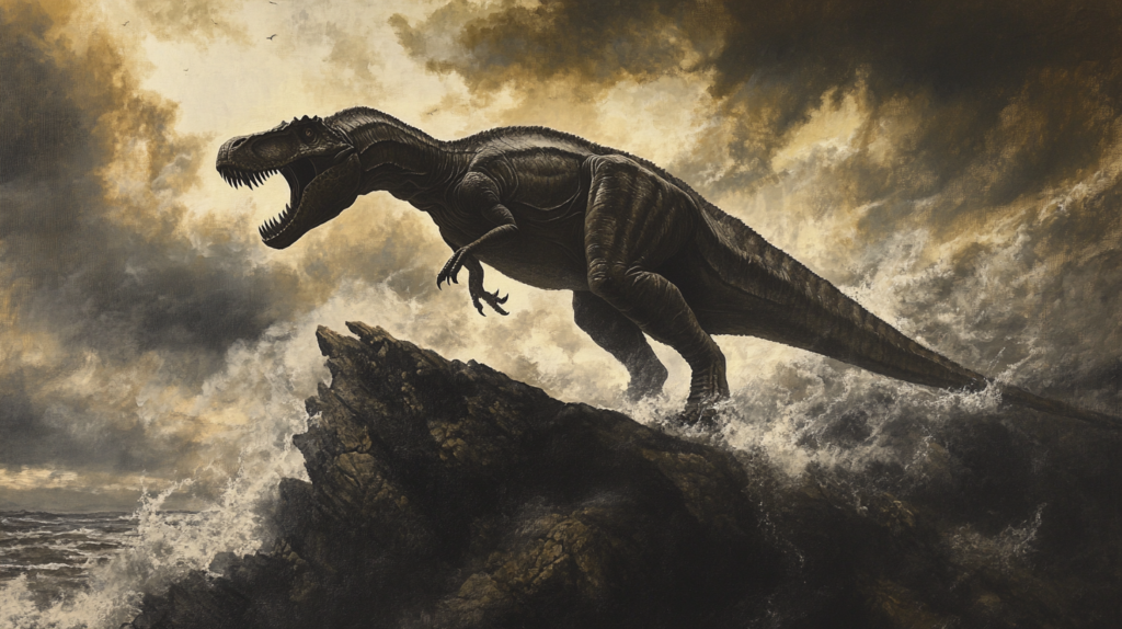 Giganotosaurus roaring on a rocky cliff