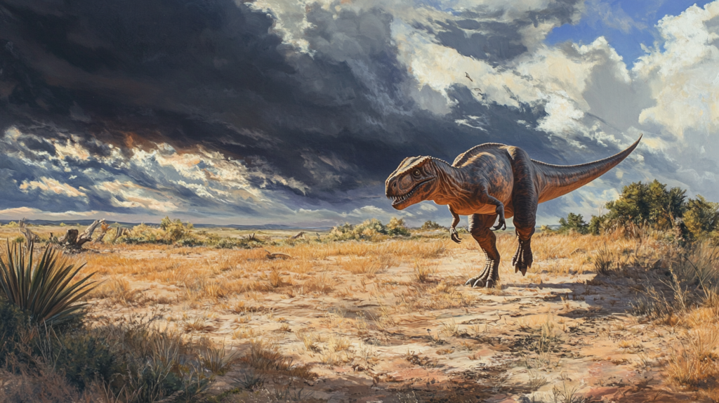 Giganotosaurus walking through a dry open plain