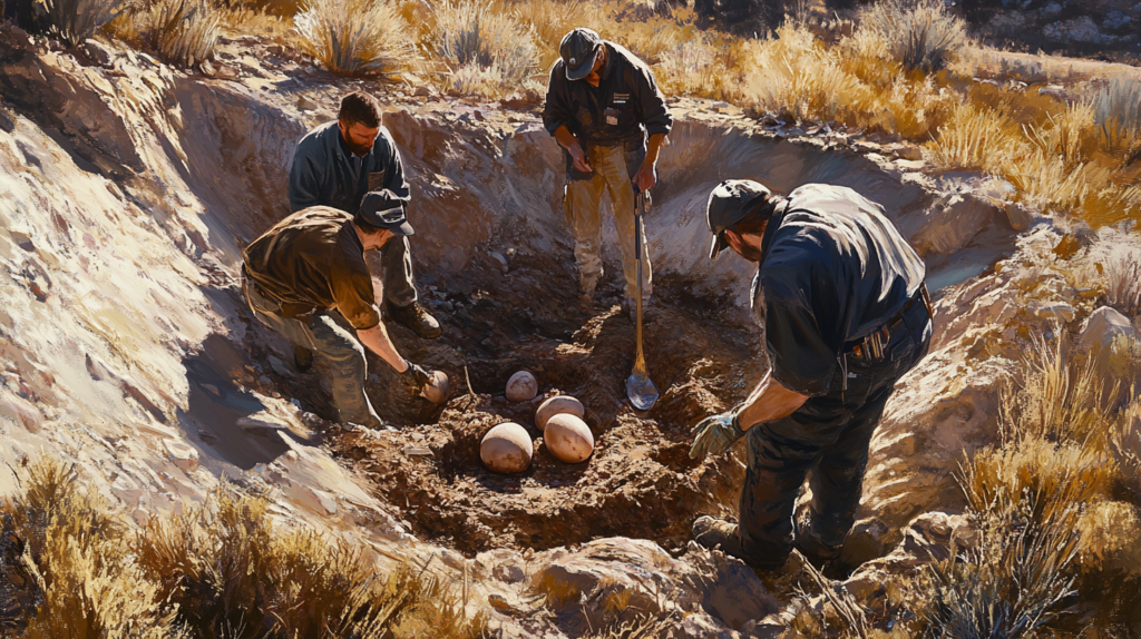 Paleontologists excavating a Maiasaura nest